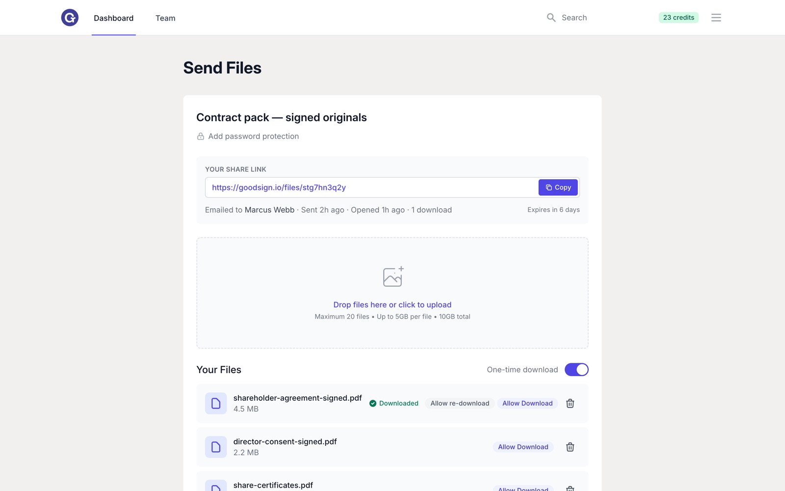 GoodSend one-time download toggle switched on, with a downloaded file locked and an Allow re-download button